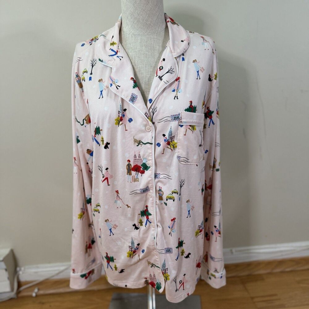 kate spade new york Women's Notch Collar LS Pajama Top Only Pink XL EUC Holiday